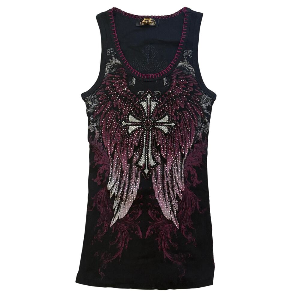 Y2K Cross Angel Wings Rhinestone Embellishment Black Ribbed Tank Top Small - USA